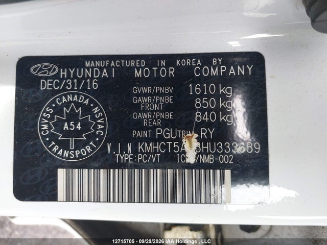 12715705 :رقم المزاد ، KMHCT5AE3HU333689 vin ، 2017 Hyundai Accent Gl مزاد بيع