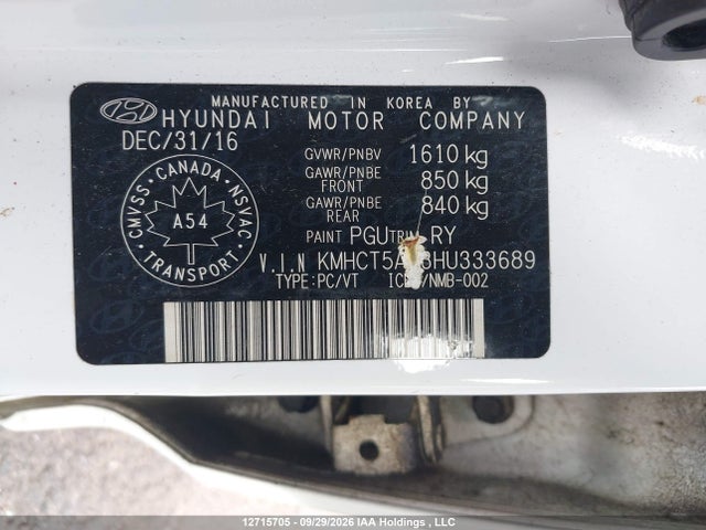 12715705 :رقم المزاد ، KMHCT5AE3HU333689 vin ، 2017 Hyundai Accent Gl مزاد بيع