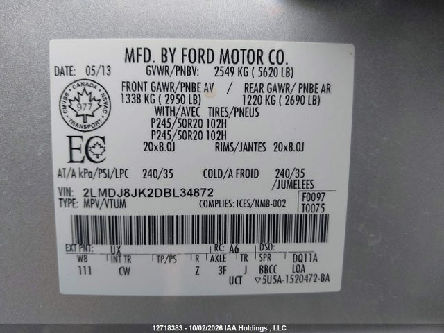 12718383 :رقم المزاد ، 2LMDJ8JK2DBL34872 vin ، 2013 Lincoln Mkx مزاد بيع
