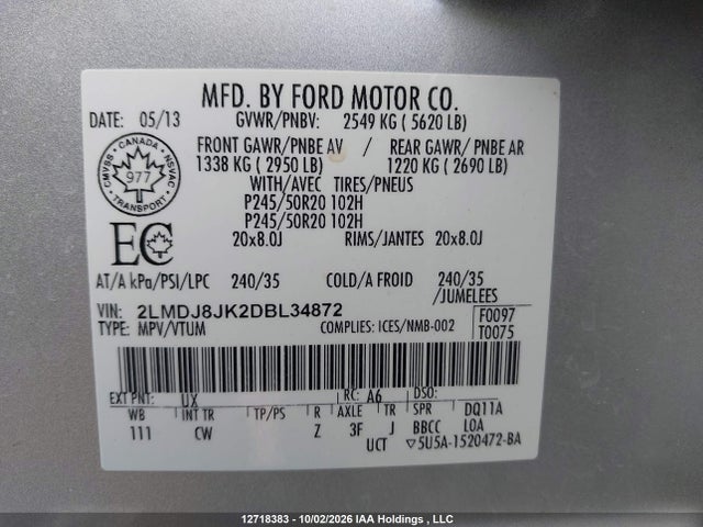 12718383 :رقم المزاد ، 2LMDJ8JK2DBL34872 vin ، 2013 Lincoln Mkx مزاد بيع
