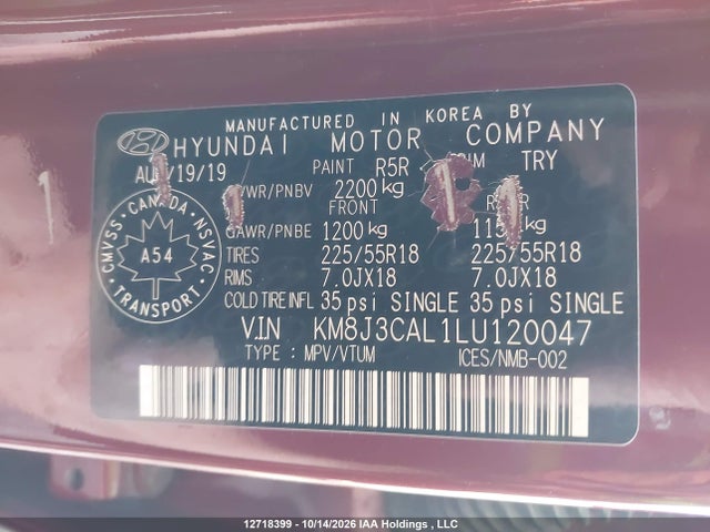 Продаж на аукціоні авто 2020 Hyundai Tucson, vin: KM8J3CAL1LU120047, номер лоту: 12718399