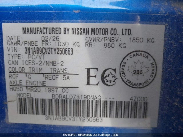 3N1AB9CV3TY250663 Nissan SENTRA SV