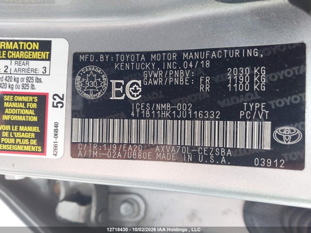 4T1B11HK1JU116332 Toyota CAMRY SE