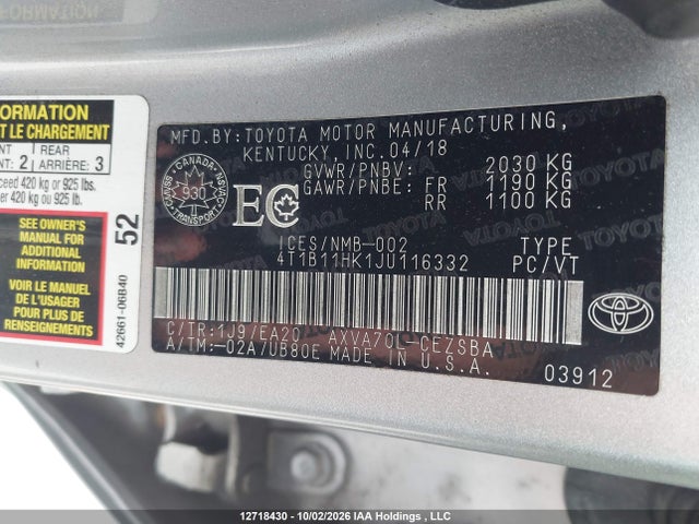 4T1B11HK1JU116332 Toyota CAMRY SE