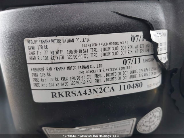 Продажа на аукционе авто 2012 Yamaha Yw50 F, vin: RKRSA43N2CA110480, номер лота: 12718443