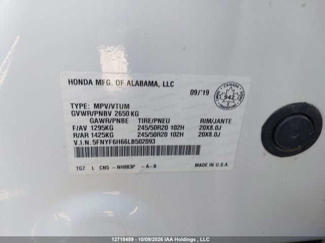 Honda Pilot Touring 2020 5FNYF6H66LB502093 Image 18