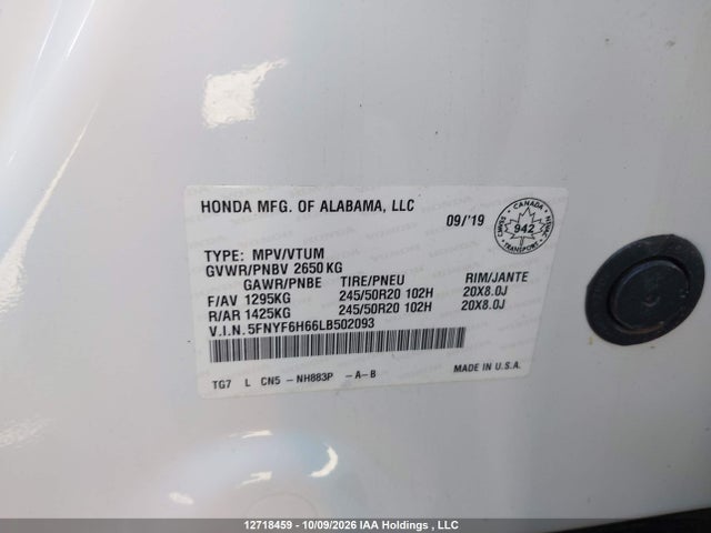 Honda Pilot Touring 2020 5FNYF6H66LB502093 Image 9