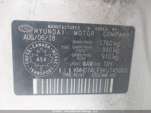 Aukcja sprzedaży 2019 Hyundai Elantra Essential, vin: KMHD74LF9KU745003, numer aukcji: 12718473
