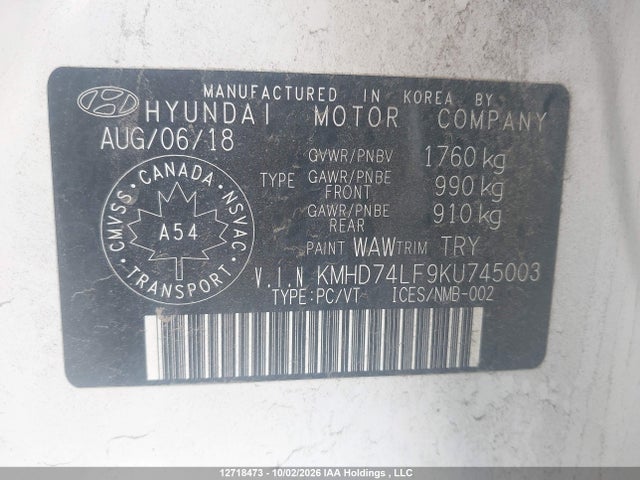 Aukcja sprzedaży 2019 Hyundai Elantra Essential, vin: KMHD74LF9KU745003, numer aukcji: 12718473