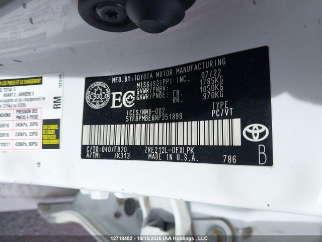 5YFBPMBE8NP351899 Toyota Corolla Le/xle
