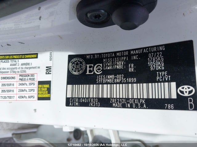 5YFBPMBE8NP351899 Toyota Corolla Le/xle