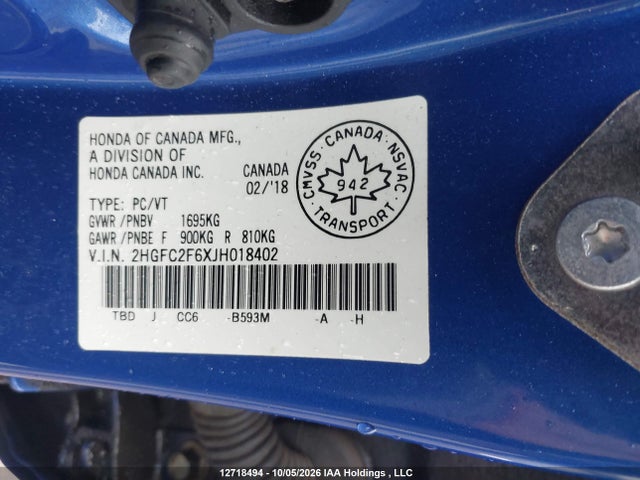 Продажа на аукционе авто 2018 Honda Civic Se, vin: 2HGFC2F6XJH018402, номер лота: 12718494