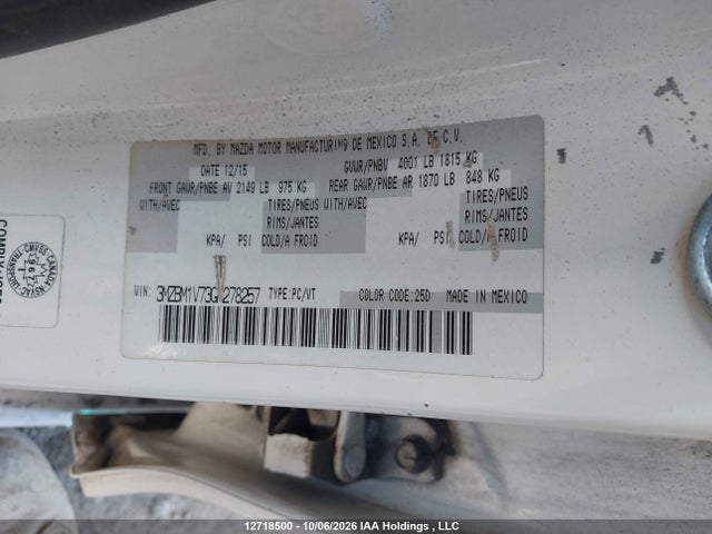 12718500 :رقم المزاد ، 3MZBM1V73GM278257 vin ، 2016 Mazda 3 مزاد بيع