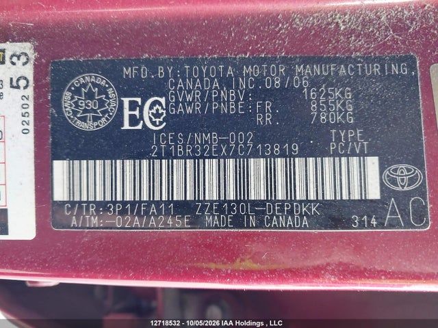 Продаж на аукціоні авто 2007 Toyota Corolla Ce/le/s, vin: 2T1BR32EX7C713819, номер лоту: 12718532