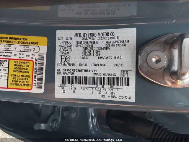 12718533 :رقم المزاد ، 3FMCR9CN5TRE41251 vin ، 2026 Ford Bronco Sport Outer Banks مزاد بيع