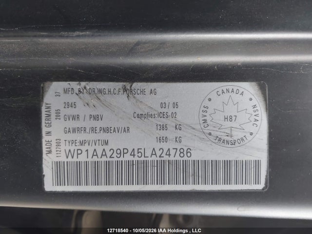 Продаж на аукціоні авто 2005 Porsche Cayenne, vin: WP1AA29P45LA24786, номер лоту: 12718540