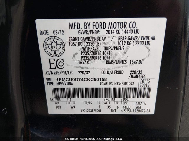 Aukcja sprzedaży 2012 Ford Escape, vin: 1FMCU0D74CKC50158, numer aukcji: 12718569