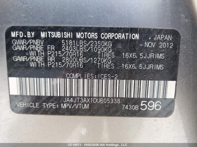 12718573 :رقم المزاد ، JA4JT3AX1DU605338 vin ، 2013 Mitsubishi Outlander Se مزاد بيع