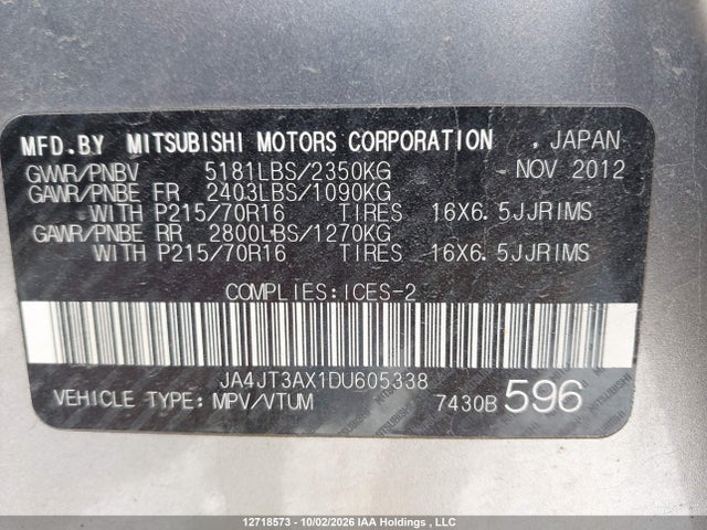 12718573 :رقم المزاد ، JA4JT3AX1DU605338 vin ، 2013 Mitsubishi Outlander Se مزاد بيع