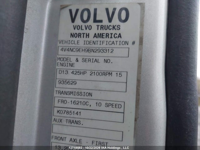 Aukcja sprzedaży 2011 Volvo Vn L, vin: 4V4NC9EH9BN293312, numer aukcji: 12718582