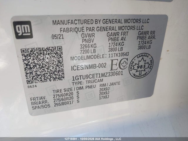 Продаж на аукціоні авто 2021 Gmc Sierra K1500 Elevation, vin: 1GTU9CET1MZ330601, номер лоту: 12718591