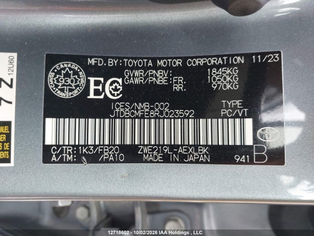 Aukcja sprzedaży 2024 Toyota Corolla Hybrid Le, vin: JTDBCMFE8RJ023592, numer aukcji: 12718602