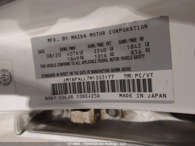 12718603 :رقم المزاد ، JM1BPALL7M1303177 vin ، 2021 Mazda 3 Preferred مزاد بيع