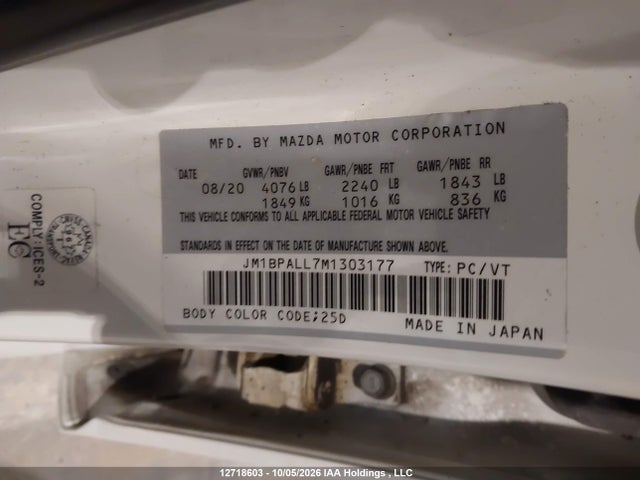 12718603 :رقم المزاد ، JM1BPALL7M1303177 vin ، 2021 Mazda 3 Preferred مزاد بيع