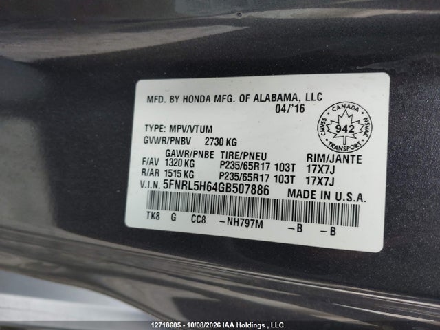 Honda ODYSSEY EXL 2016 5FNRL5H64GB507886 Image 17