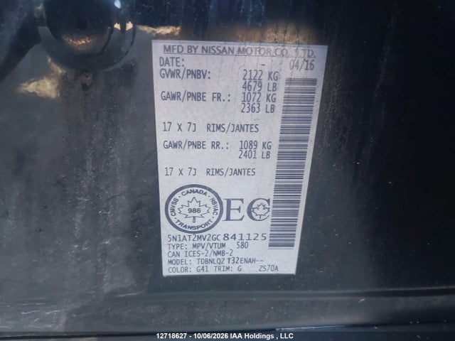 2016 Nissan Rogue S/sl/sv მანქანა იყიდება აუქციონზე, vin: 5N1AT2MV2GC841125, აუქციონის ნომერი: 12718627
