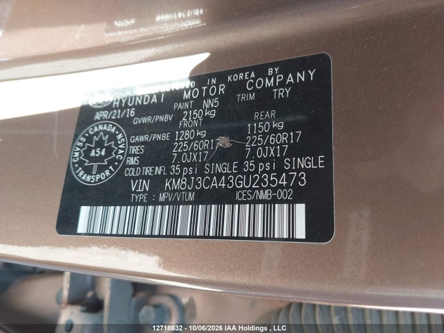 Продажа на аукционе авто 2016 Hyundai Tucson Limited/sport And Eco/se, vin: KM8J3CA43GU235473, номер лота: 12718632