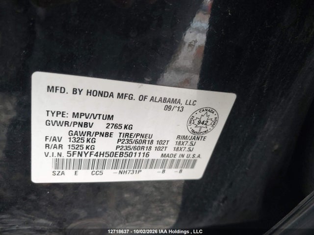 12718637 :رقم المزاد ، 5FNYF4H50EB501116 vin ، 2014 Honda Pilot Exl مزاد بيع