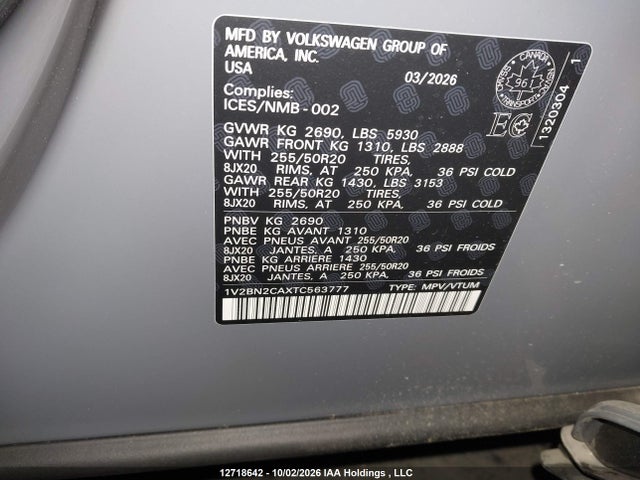 12718642 :رقم المزاد ، 1V2BN2CAXTC563777 vin ، 2026 Volkswagen Atlas Sel مزاد بيع