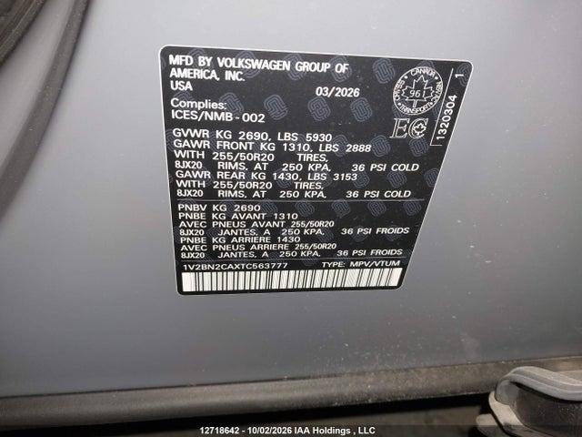12718642 :رقم المزاد ، 1V2BN2CAXTC563777 vin ، 2026 Volkswagen Atlas Sel مزاد بيع