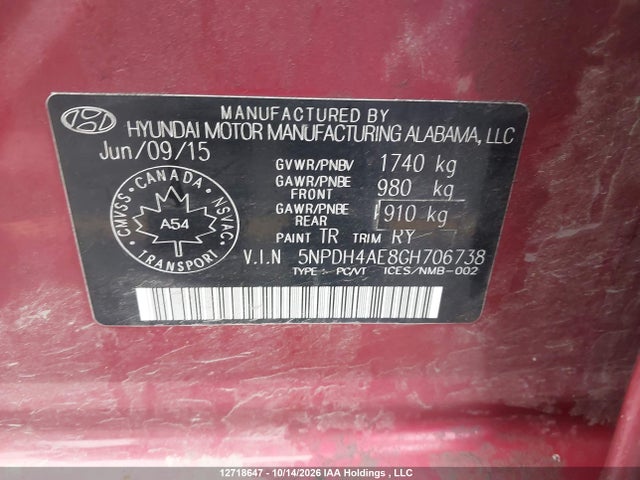2016 Hyundai Elantra Se/sport/limited მანქანა იყიდება აუქციონზე, vin: 5NPDH4AE8GH706738, აუქციონის ნომერი: 12718647