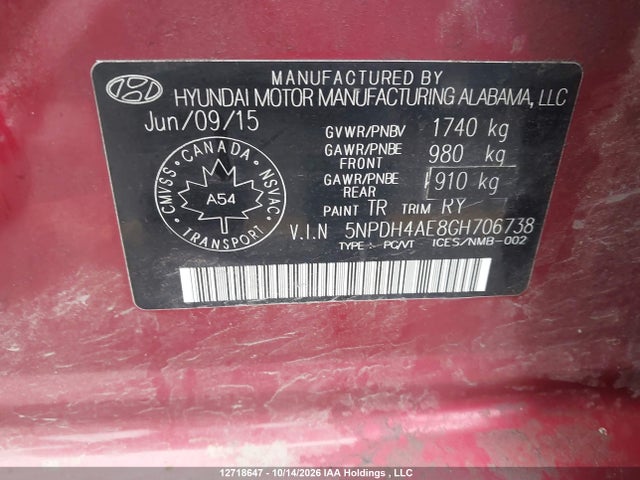 2016 Hyundai Elantra Se/sport/limited მანქანა იყიდება აუქციონზე, vin: 5NPDH4AE8GH706738, აუქციონის ნომერი: 12718647