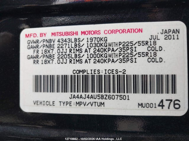 Auction sale of the 2011 Mitsubishi Rvr Gt, vin: JA4AJ4AU5BZ607501, lot number: 12718662