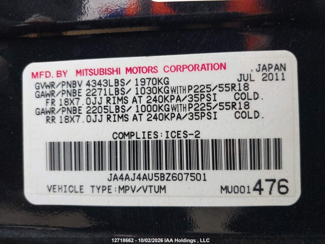 Auction sale of the 2011 Mitsubishi Rvr Gt, vin: JA4AJ4AU5BZ607501, lot number: 12718662