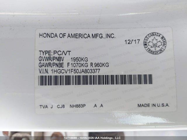 Honda ACCORD EXL 2018 1HGCV1F50JA803377 Image 9