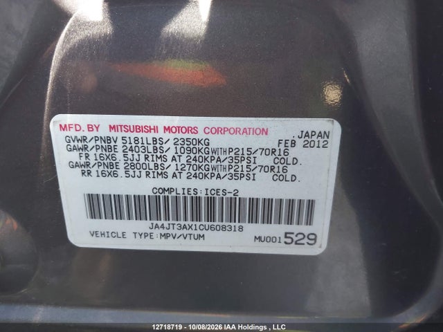 12718719 :رقم المزاد ، JA4JT3AX1CU608318 vin ، 2012 Mitsubishi Outlander Se مزاد بيع