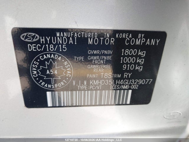 2016 Hyundai Elantra Gt Gls მანქანა იყიდება აუქციონზე, vin: KMHD35LH4GU329077, აუქციონის ნომერი: 12718720