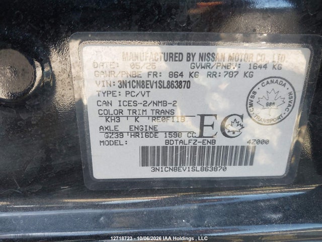 Продажа на аукционе авто 2025 Nissan Versa Sv, vin: 3N1CN8EV1SL863870, номер лота: 12718723