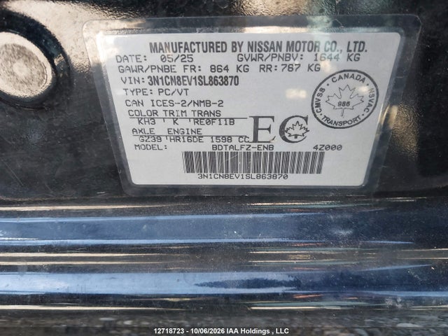 Продажа на аукционе авто 2025 Nissan Versa Sv, vin: 3N1CN8EV1SL863870, номер лота: 12718723