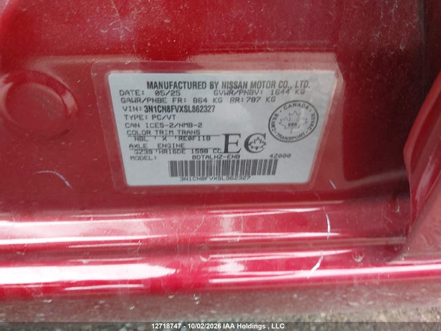 2025 Nissan Versa Sr მანქანა იყიდება აუქციონზე, vin: 3N1CN8FVXSL862327, აუქციონის ნომერი: 12718747