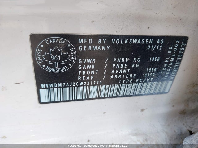 Aukcja sprzedaży 2012 Volkswagen Golf 2.0 Tdi Comfortline/2.0 Tdi Highline, vin: WVWDM7AJ2CW221770, numer aukcji: 12693762