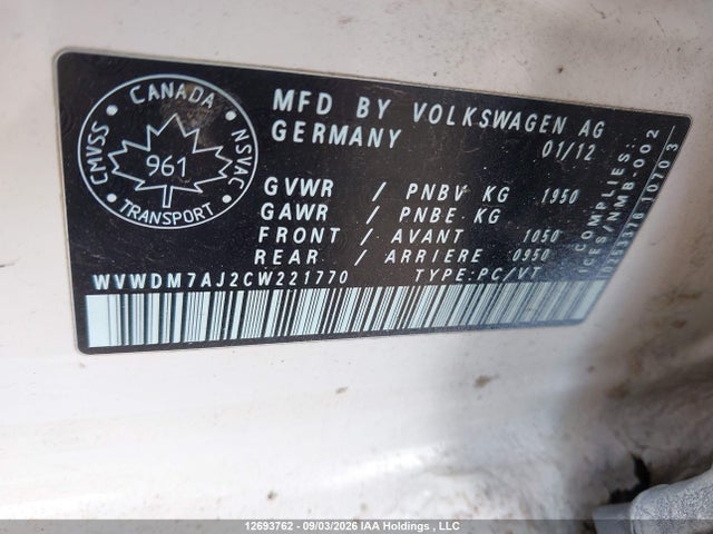 Aukcja sprzedaży 2012 Volkswagen Golf 2.0 Tdi Comfortline/2.0 Tdi Highline, vin: WVWDM7AJ2CW221770, numer aukcji: 12693762