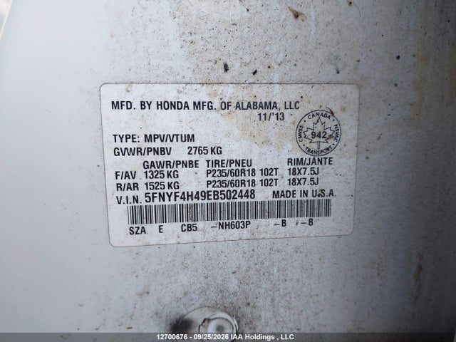 Honda Pilot Ex 2014 5FNYF4H49EB502448 Image 9