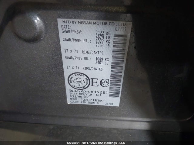 5N1AT2MVXFC835281 Nissan Rogue S/sl/sv