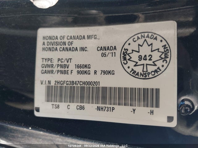 12709344 :رقم المزاد ، 2HGFG3B47CH000201 vin ، 2012 Honda Civic Lx مزاد بيع