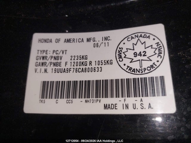 Aukcja sprzedaży 2012 Acura Tl Elite, vin: 19UUA9F76CA800633, numer aukcji: 12712054
